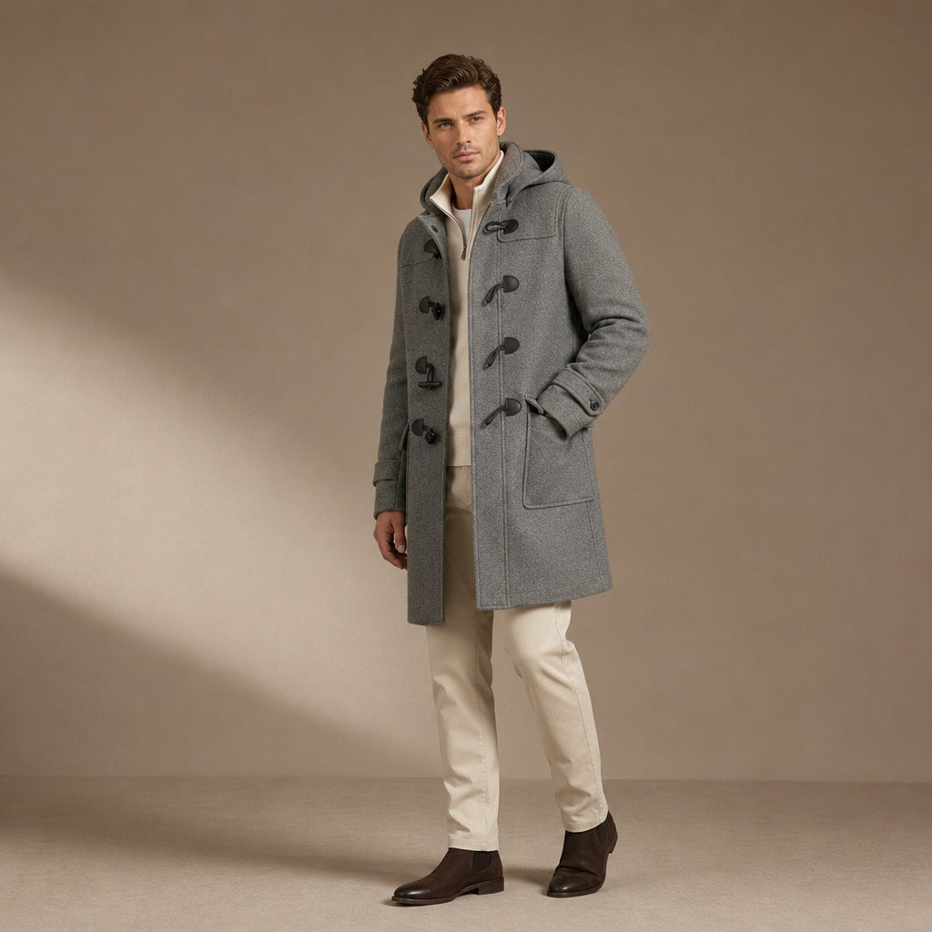 Duffle Coat Hooded Toggle Front Grey Grey – Side Angle View