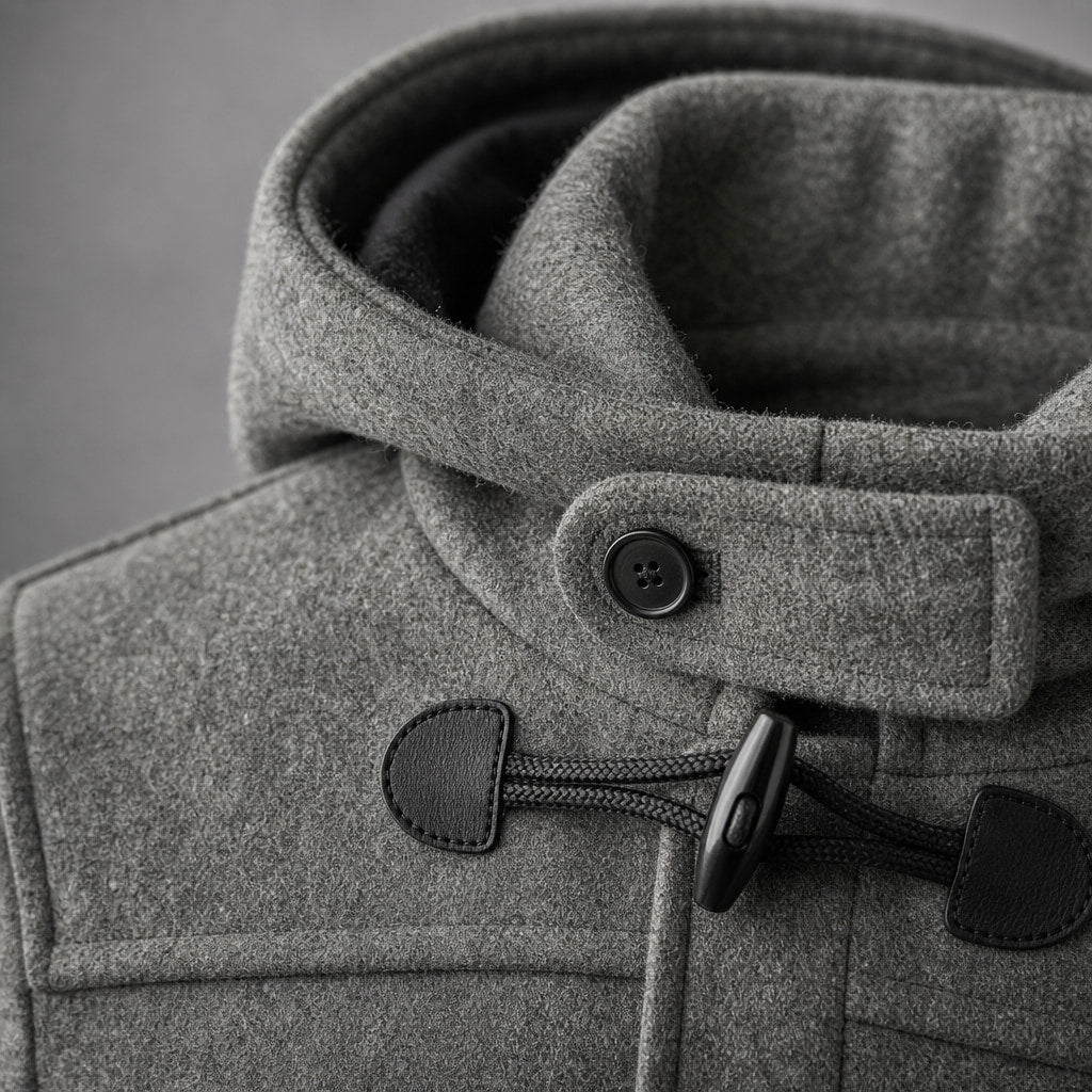 Duffle Coat Hooded Toggle Front Grey Grey – Fabric and Detail Close-Up