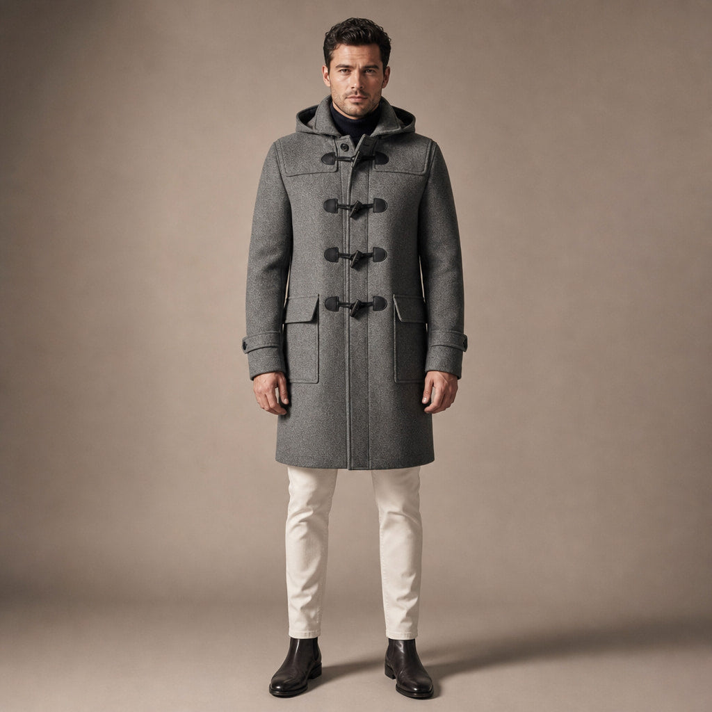 Duffle Coat Hooded Toggle Front Grey in Grey – Tomosino Premium Menswear