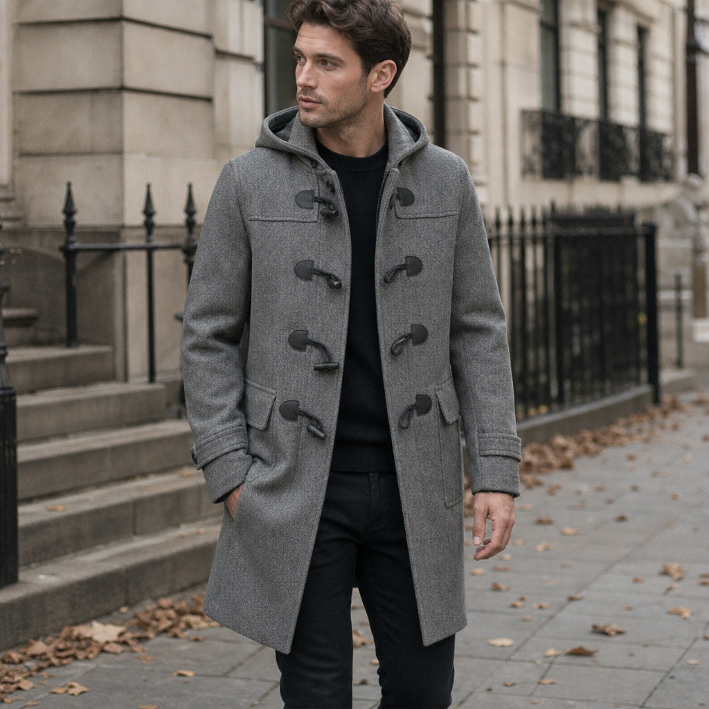 Duffle Coat Hooded Toggle Front Grey Grey – Styled Editorial Shot