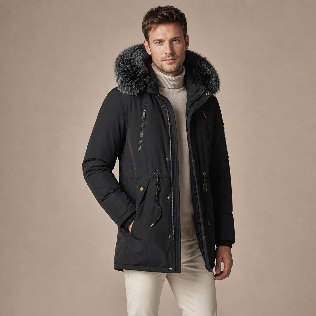 Parka Jacket Detachable Fur Hood Black – Side Angle View
