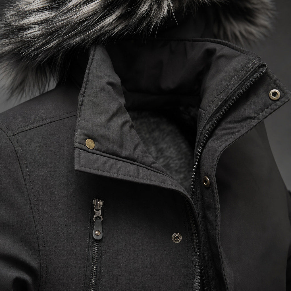 Parka Jacket Detachable Fur Hood Black – Fabric and Detail Close-Up
