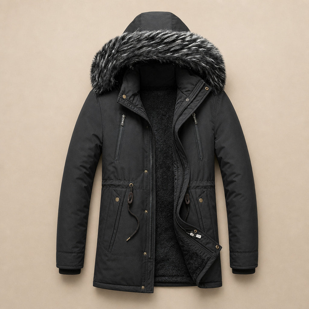 Parka Jacket Detachable Fur Hood Black – Flat Lay Product Photo