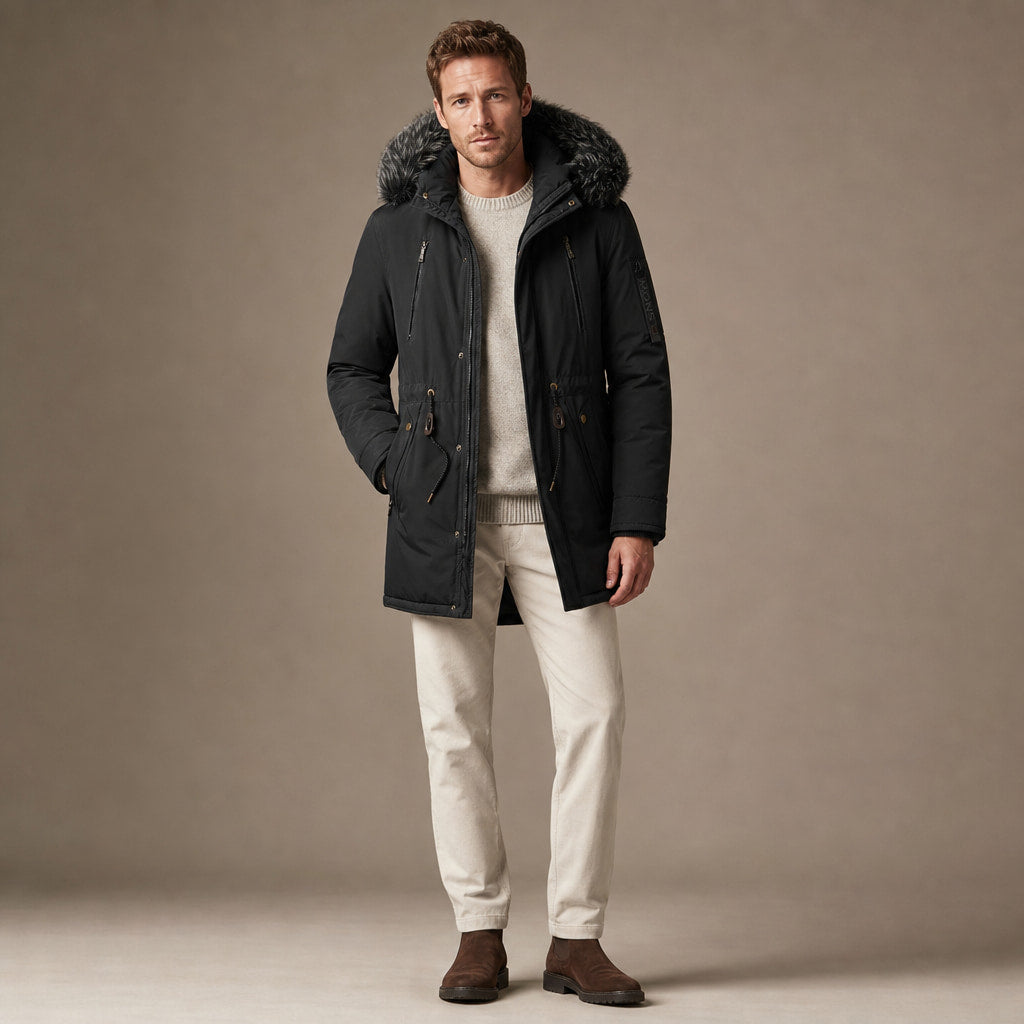 Parka Jacket Detachable Fur Hood Black – Product Photo