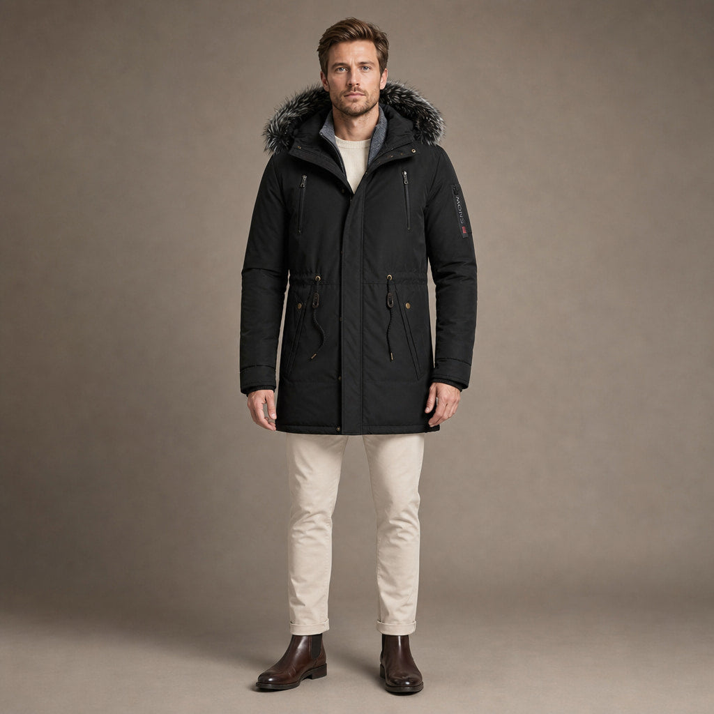 Parka Jacket Detachable Fur Hood in Black – Tomosino Premium Menswear