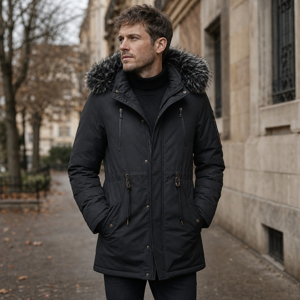 Parka Jacket Detachable Fur Hood Black – Styled Editorial Shot