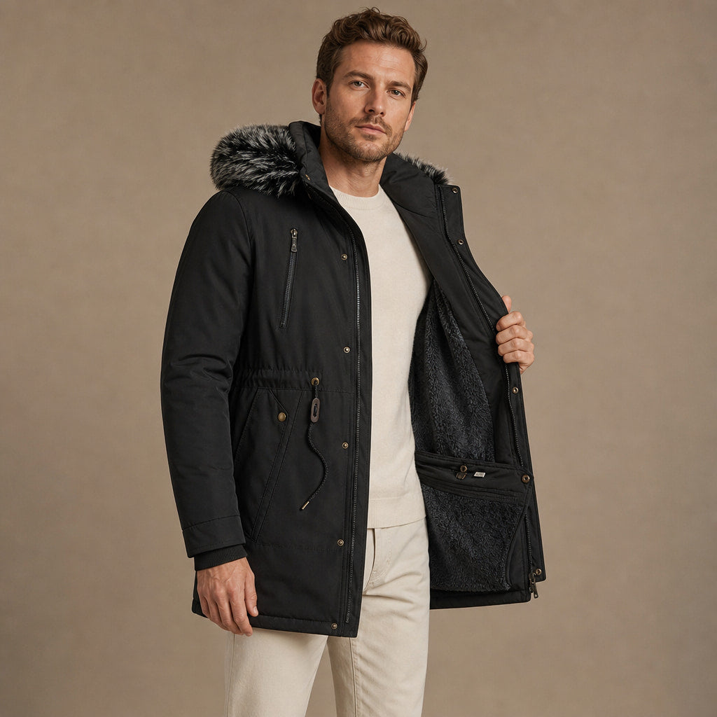 Parka Jacket Detachable Fur Hood Black – Interior Lining Detail