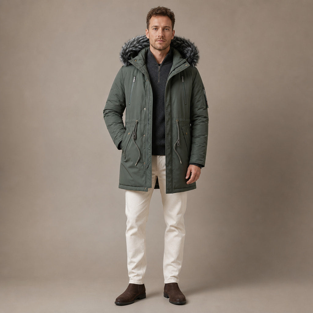 Parka Jacket Detachable Fur Hood Green – Product Photo