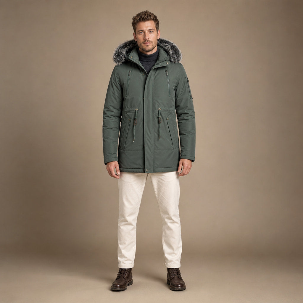 Parka Jacket Detachable Fur Hood in Green – Tomosino Premium Menswear