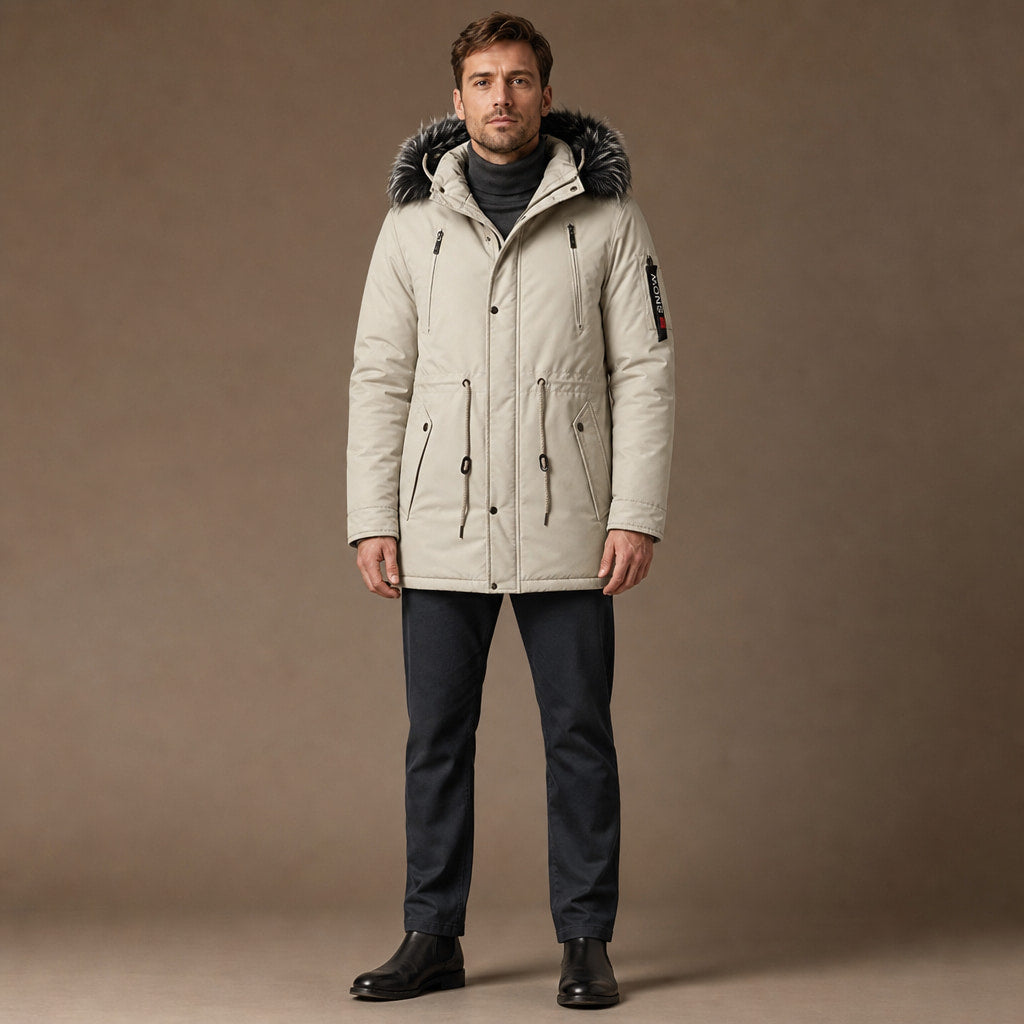 Parka Jacket Detachable Fur Hood in Khaki – Tomosino Premium Menswear