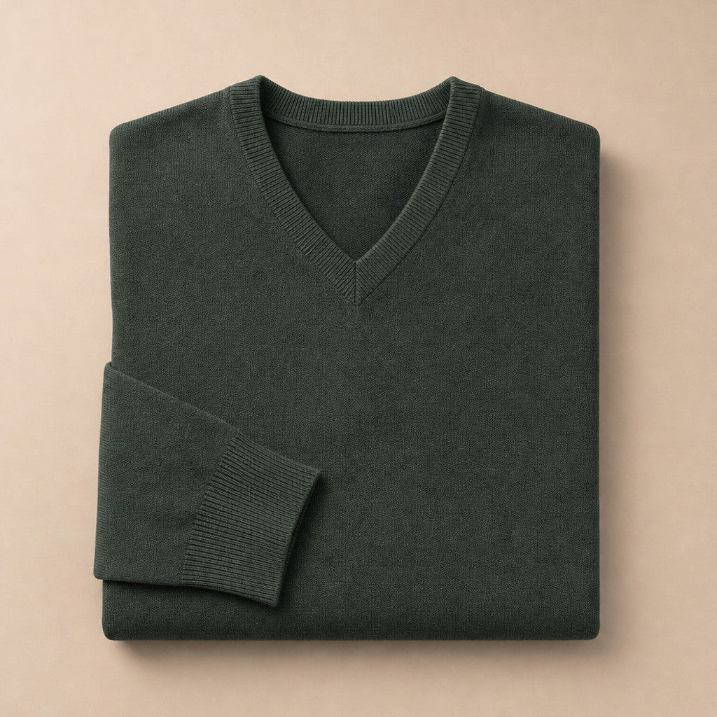Prescott | V-Neck Jumper Fine Knit Army Green – Product Photo