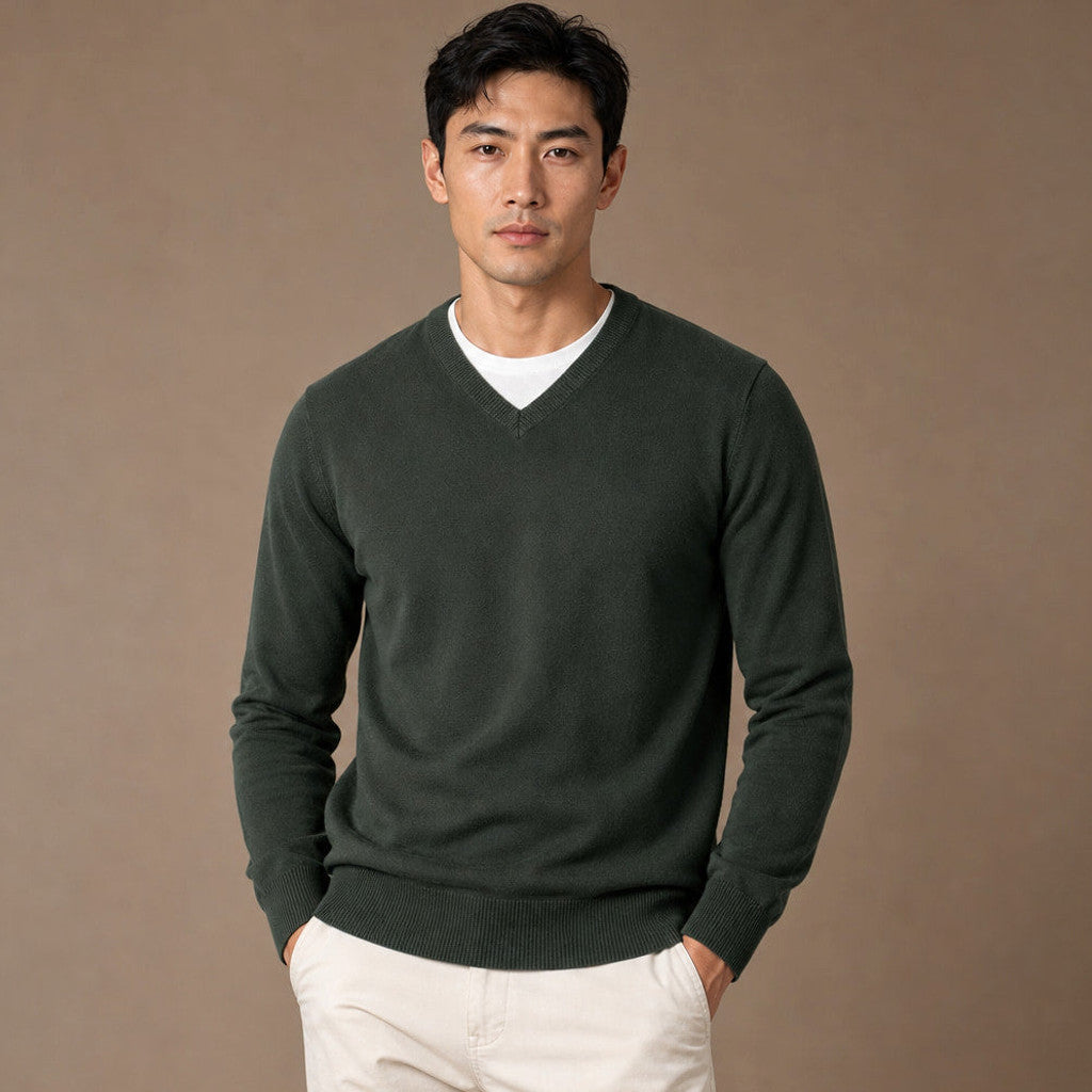 Prescott | V-Neck Jumper Fine Knit in Army Green – Premium Editorial