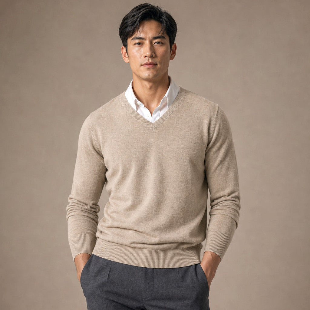 Prescott | V-Neck Jumper Fine Knit in Beige – Premium Editorial