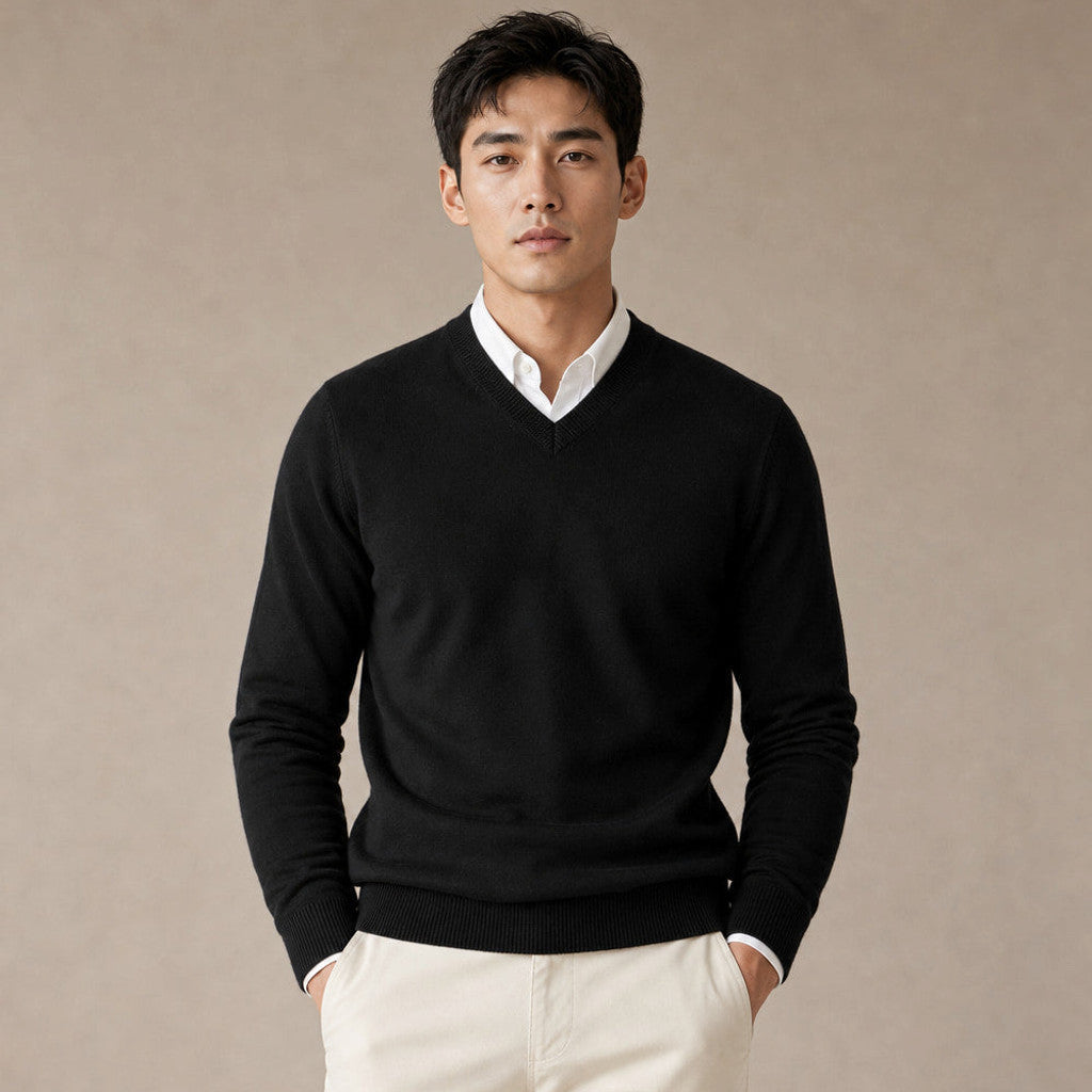 Prescott | V-Neck Jumper Fine Knit in Black – Premium Editorial