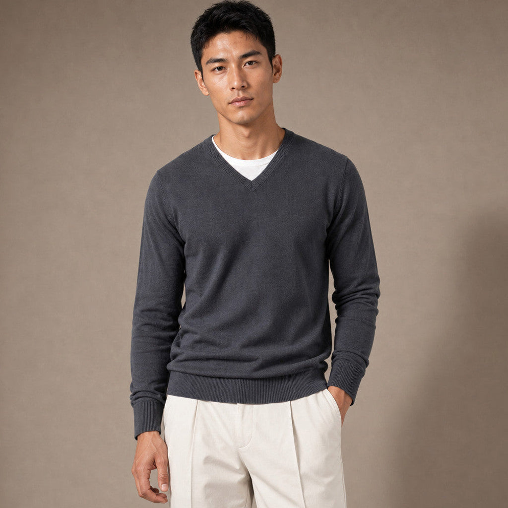 Prescott | V-Neck Jumper Fine Knit in Dark Gray – Premium Editorial
