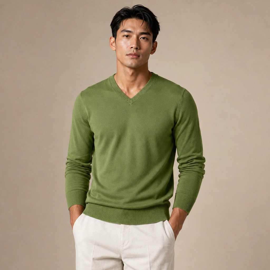 Prescott | V-Neck Jumper Fine Knit in Green – Premium Editorial