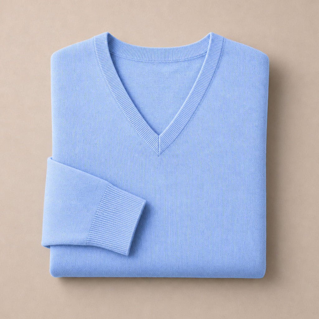 Prescott | V-Neck Jumper Fine Knit Light Blue – Product Photo