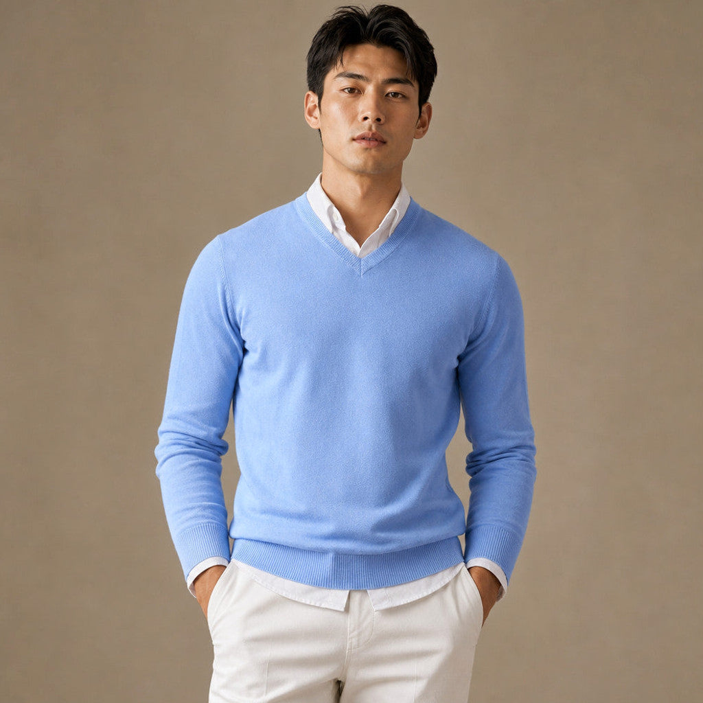 Prescott | V-Neck Jumper Fine Knit in Light Blue – Premium Editorial