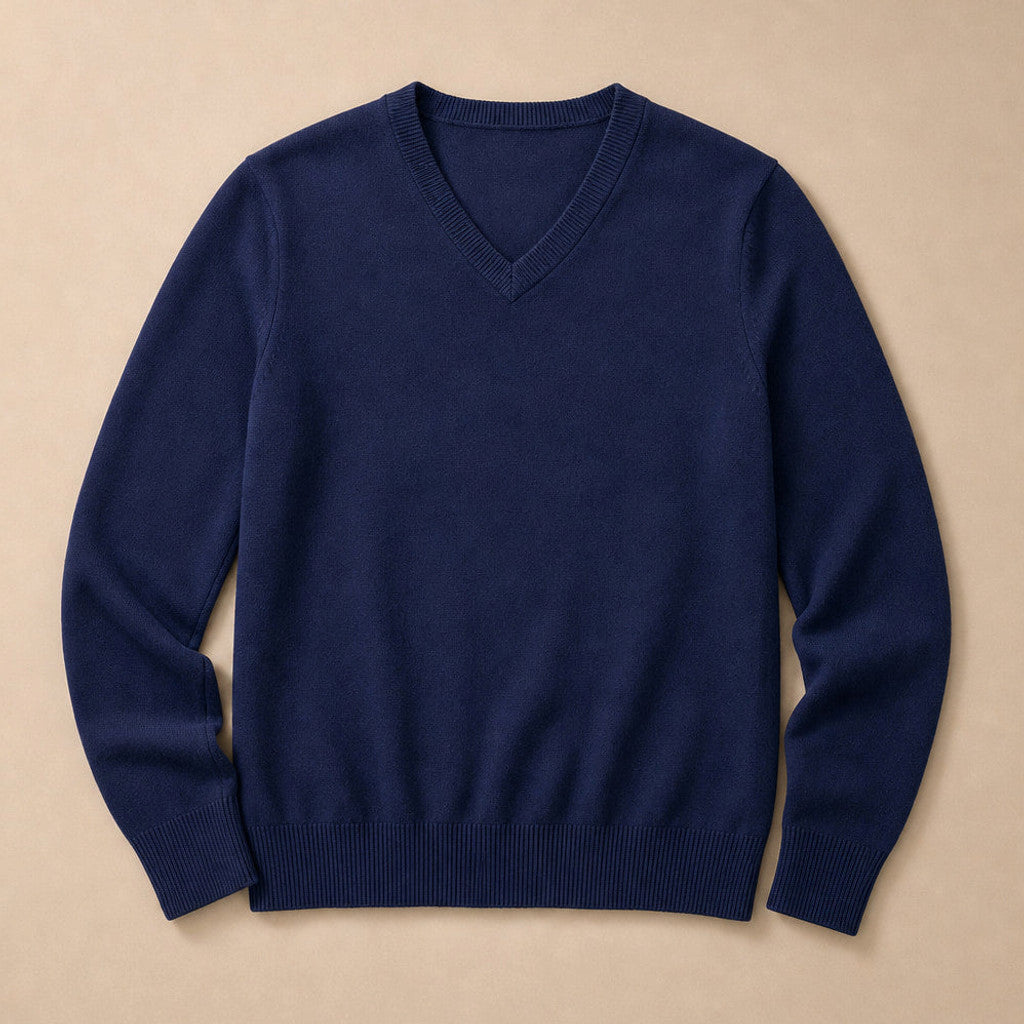 Prescott | V-Neck Jumper Fine Knit Navy – Product Photo
