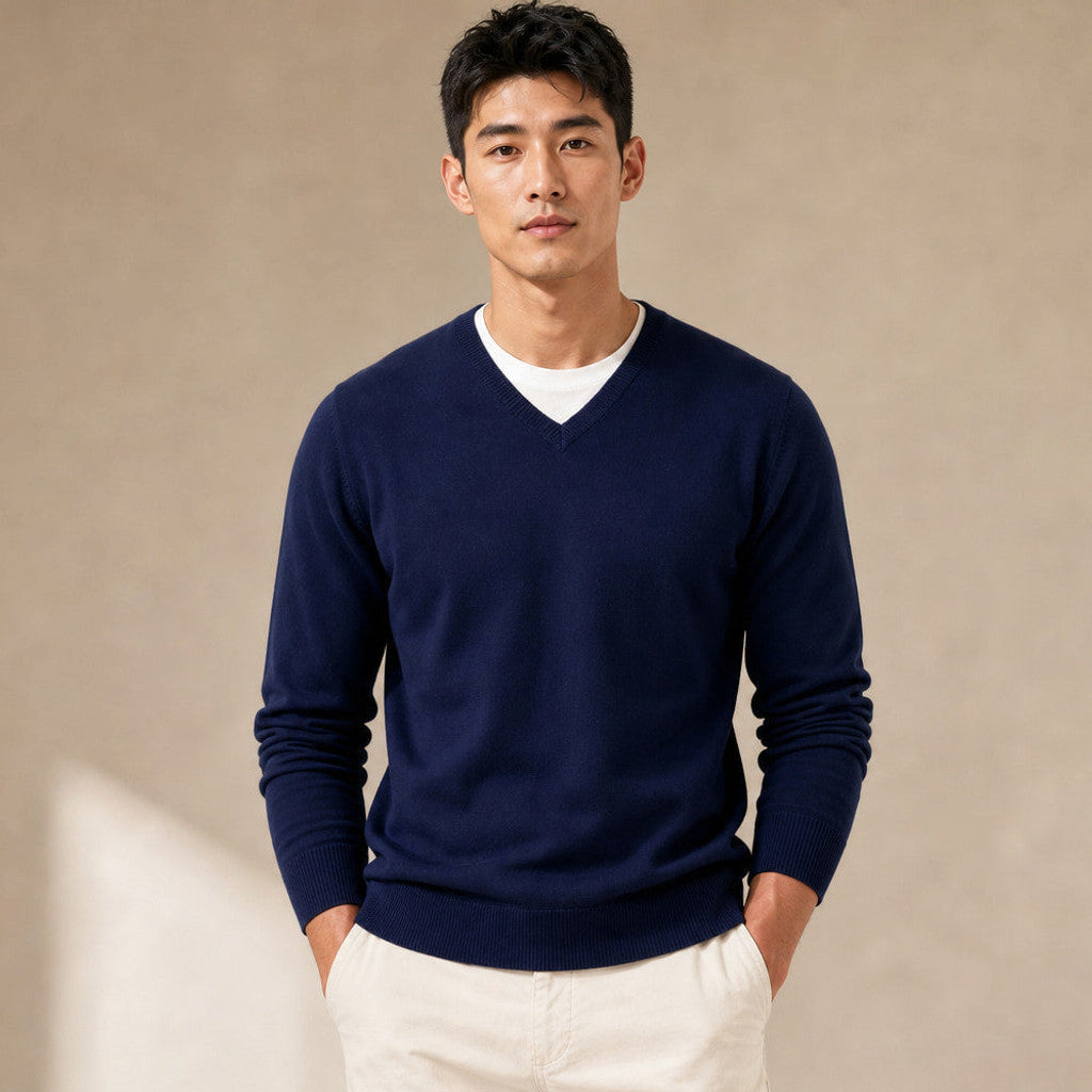 Prescott | V-Neck Jumper Fine Knit in Navy – Premium Editorial