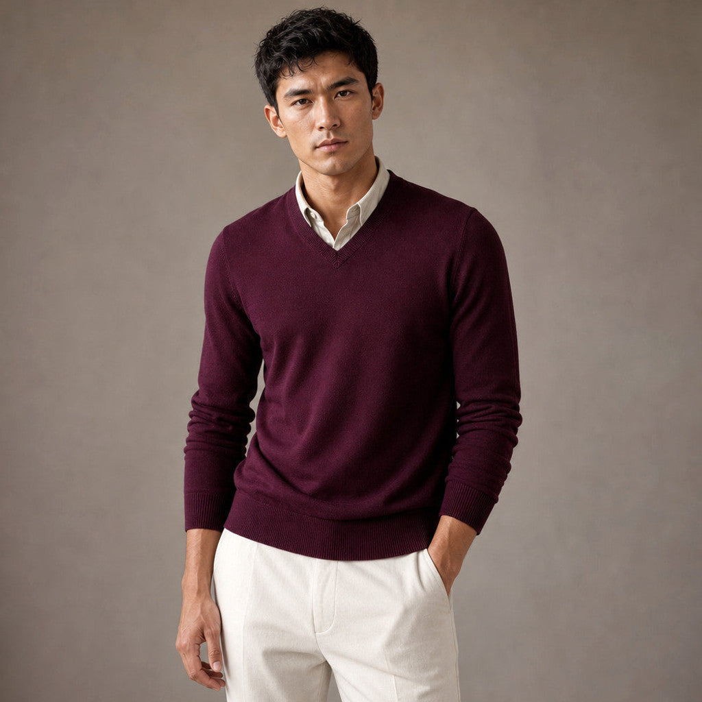 Prescott | V-Neck Jumper Fine Knit Wine – Side Angle View