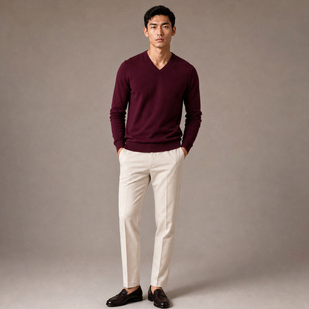 Prescott | V-Neck Jumper Fine Knit Wine – Full Look