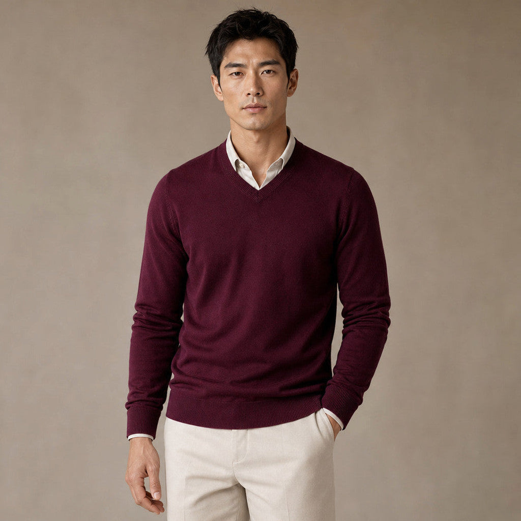 Prescott | V-Neck Jumper Fine Knit in Wine – Premium Editorial