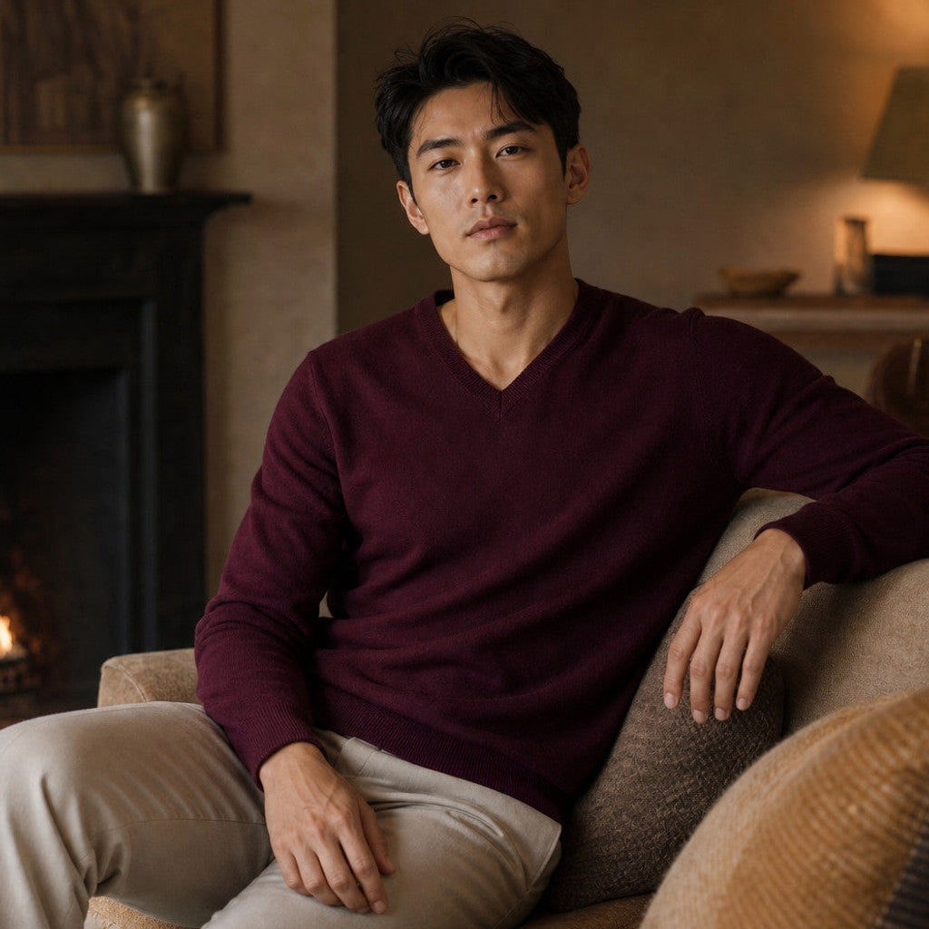 Prescott | V-Neck Jumper Fine Knit Wine – Styled Editorial Shot