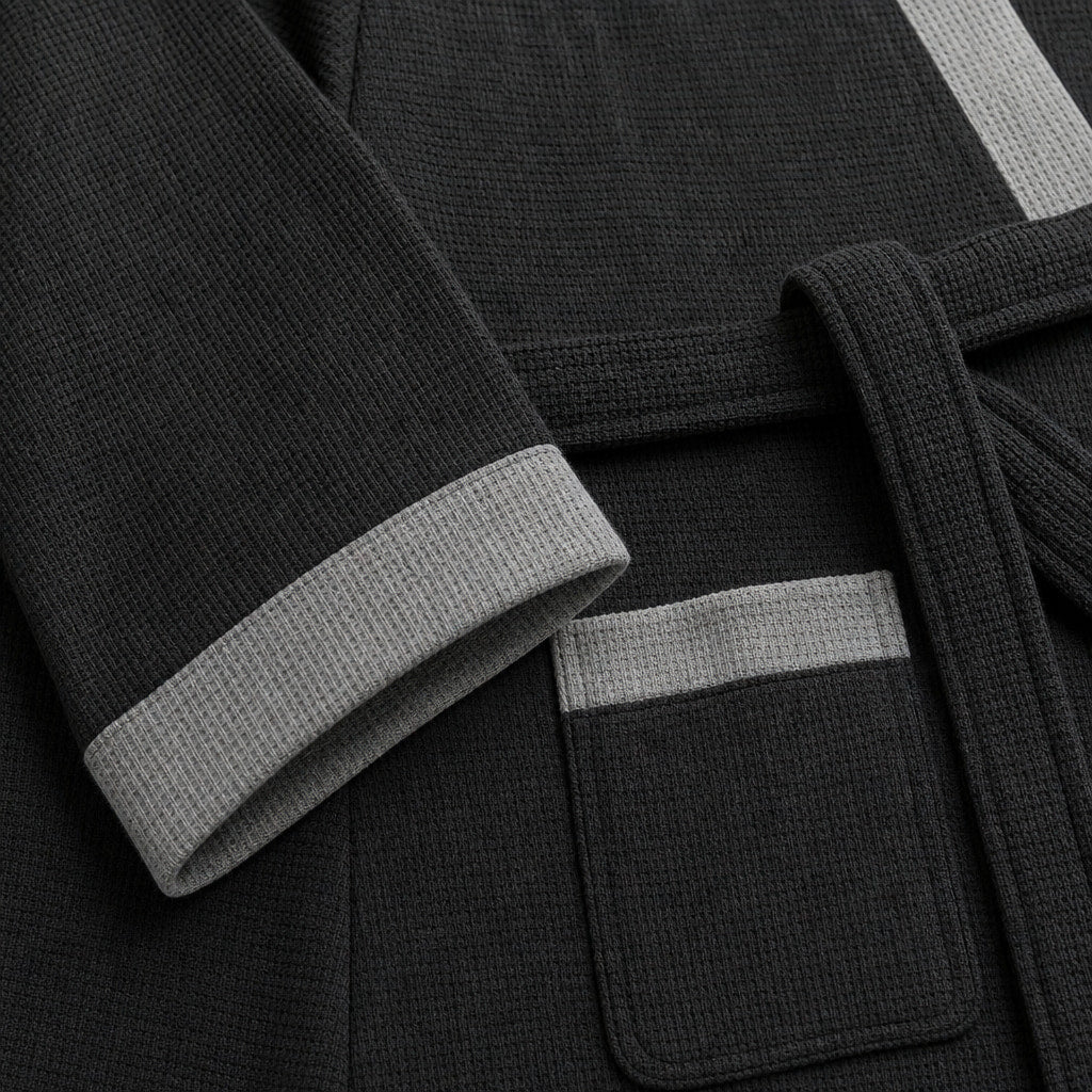 Kimono Bathrobe Lightweight Cotton Black – Fabric and Detail Close-Up
