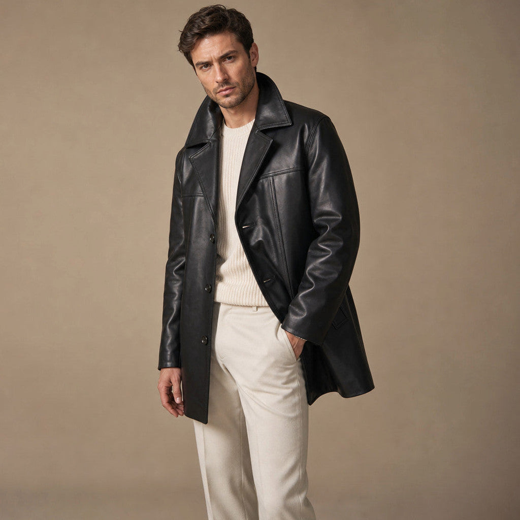 Ravenscroft | Leather Coat Notch Collar Black Black – Side Angle View