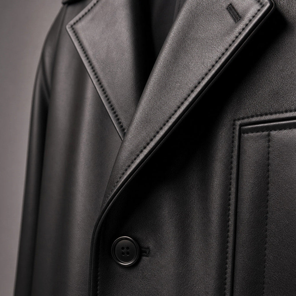 Ravenscroft | Leather Coat Notch Collar Black Black – Fabric and Detail Close-Up