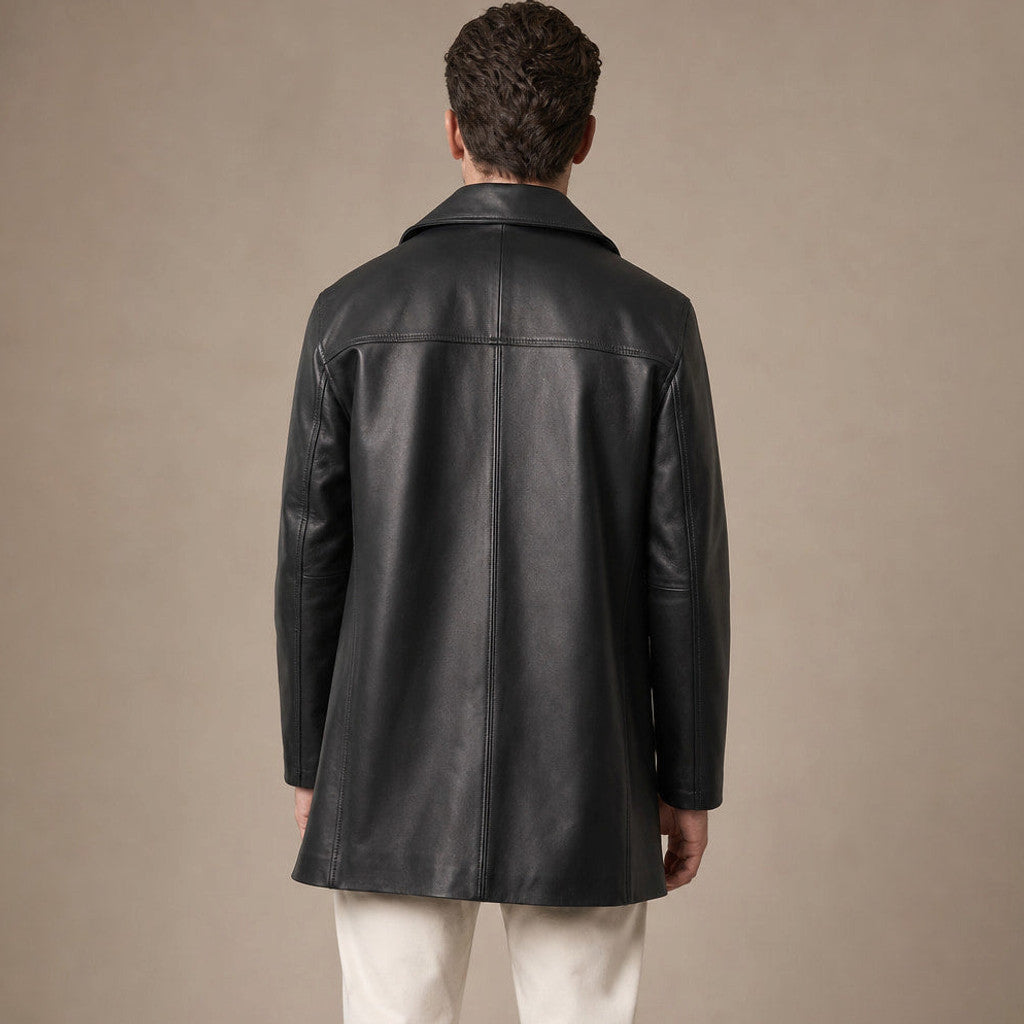 Ravenscroft | Leather Coat Notch Collar Black Black – Full Look