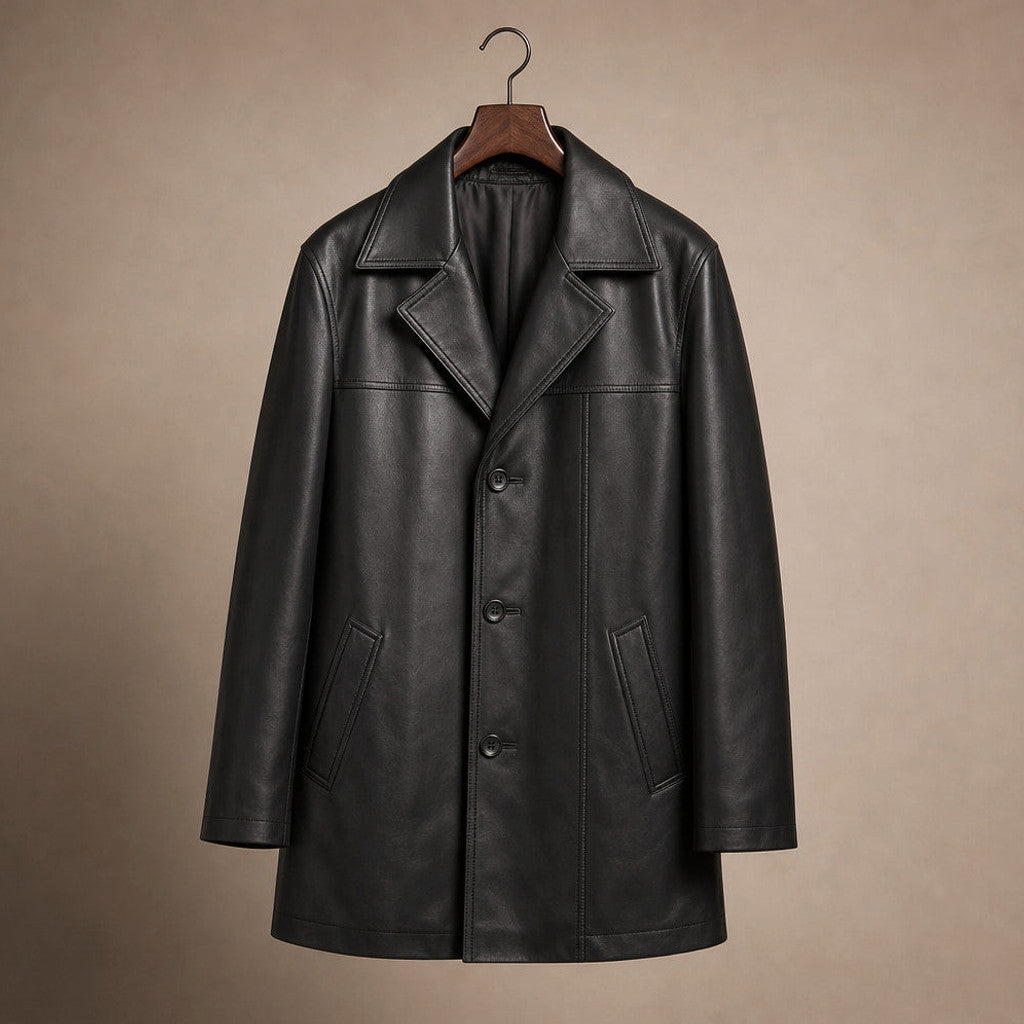 Ravenscroft | Leather Coat Notch Collar Black Black – Product Photo