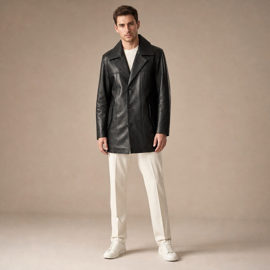 Ravenscroft | Leather Coat Notch Collar Black in Black – Premium Editorial