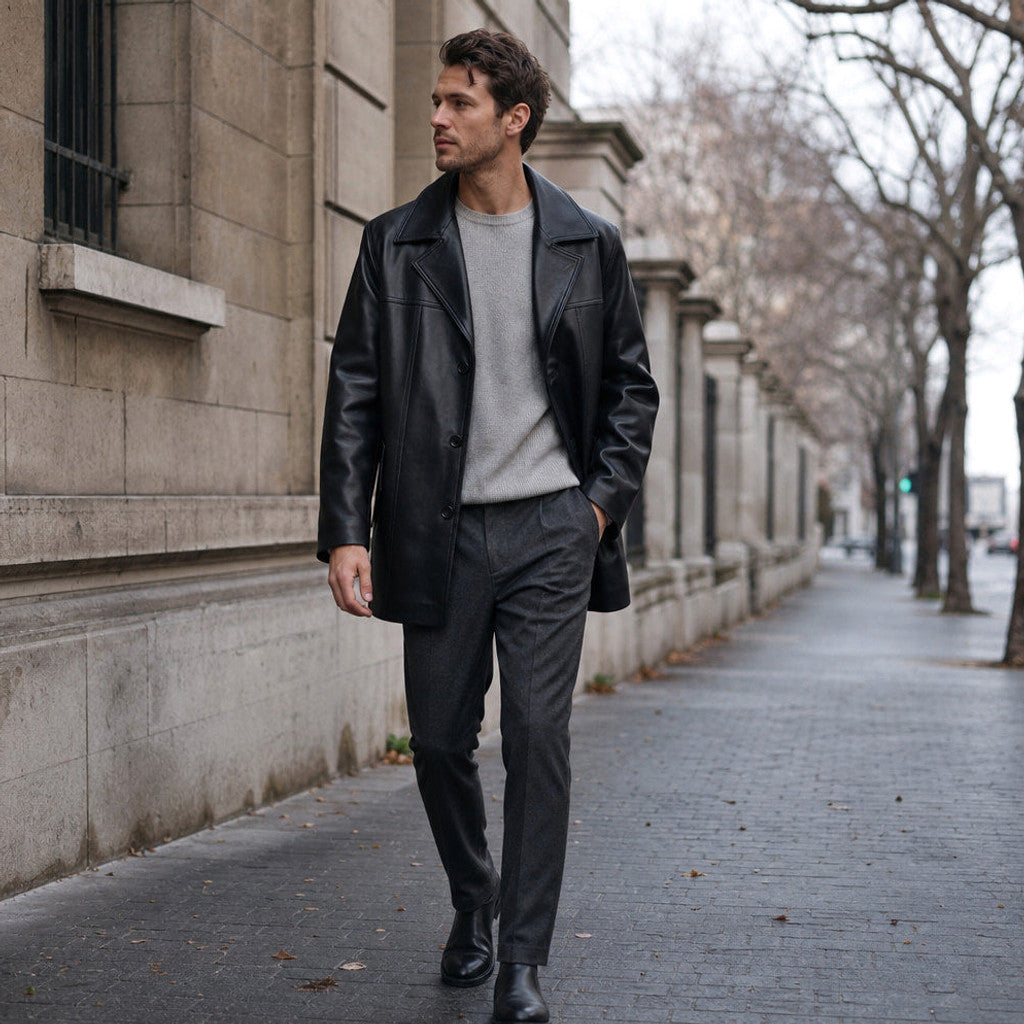 Ravenscroft | Leather Coat Notch Collar Black Black – Styled Editorial Shot