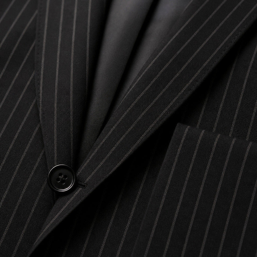Ravon | Three Piece Suit Peak Lapel Black Black – Fabric and Detail Close-Up