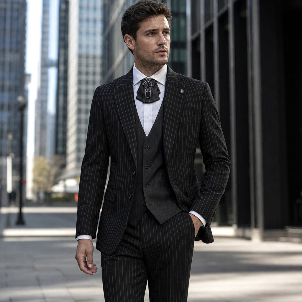 Ravon | Three Piece Suit Peak Lapel Black Black – Styled Editorial Shot