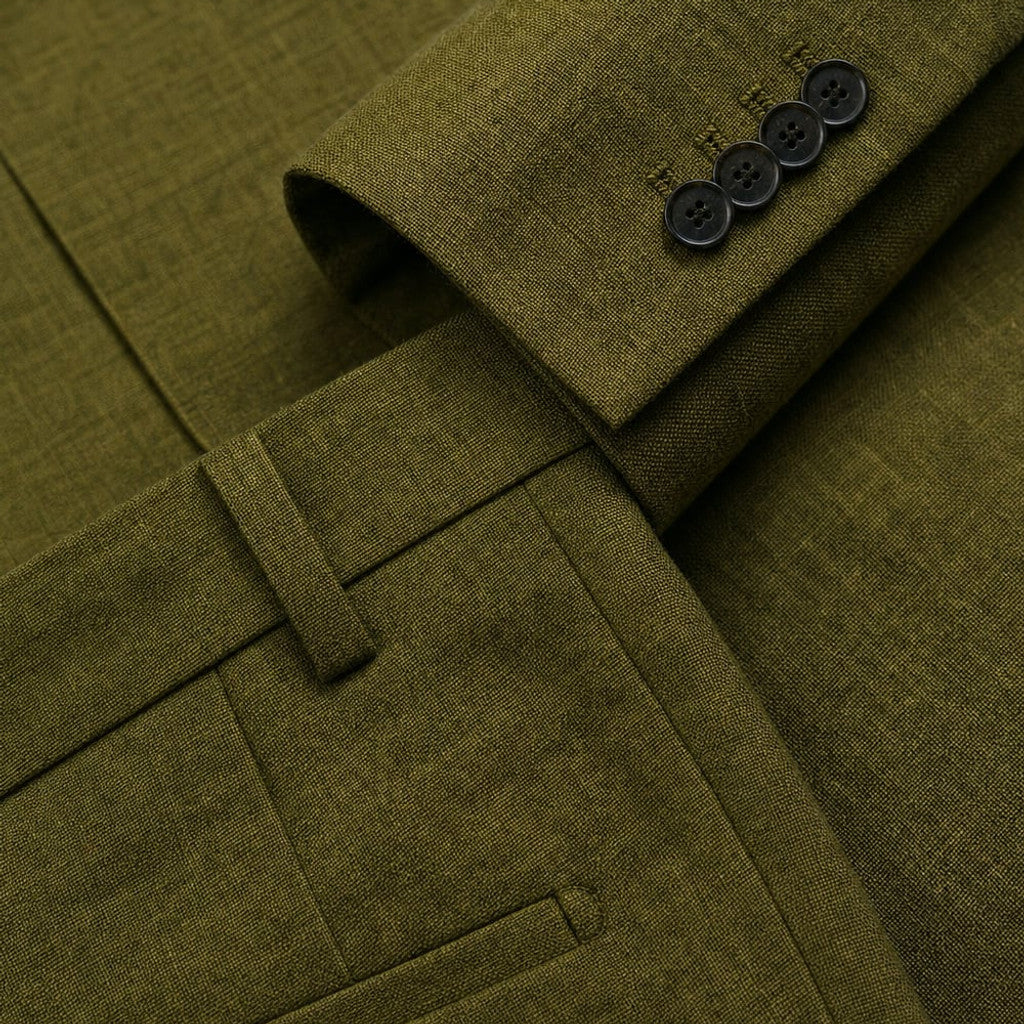 Ravorn | Trouser Blazer Set Slim Fit Tailored Two-Piece Olive Green – Fabric and Detail Close-Up