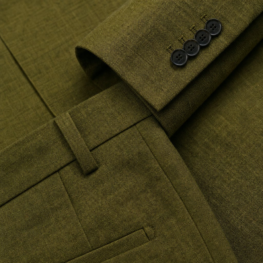 Ravorn | Trouser Blazer Set Slim Fit Tailored Two-Piece Olive Green – Fabric and Detail Close-Up