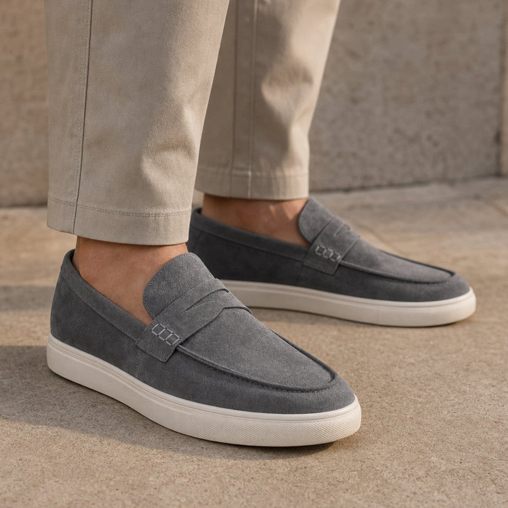 Relvane | Penny Loafers Suede-Look Slip-On Gray – Side Angle View