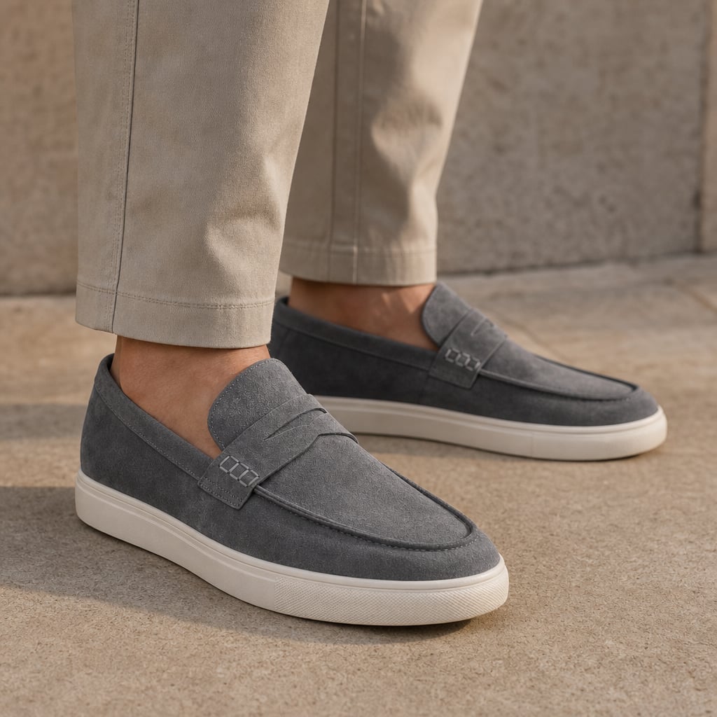 Relvane | Penny Loafers Suede-Look Slip-On Gray – Side Angle View