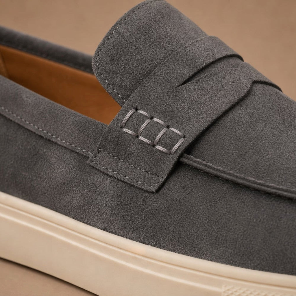 Relvane | Penny Loafers Suede-Look Slip-On Gray – Fabric and Detail Close-Up