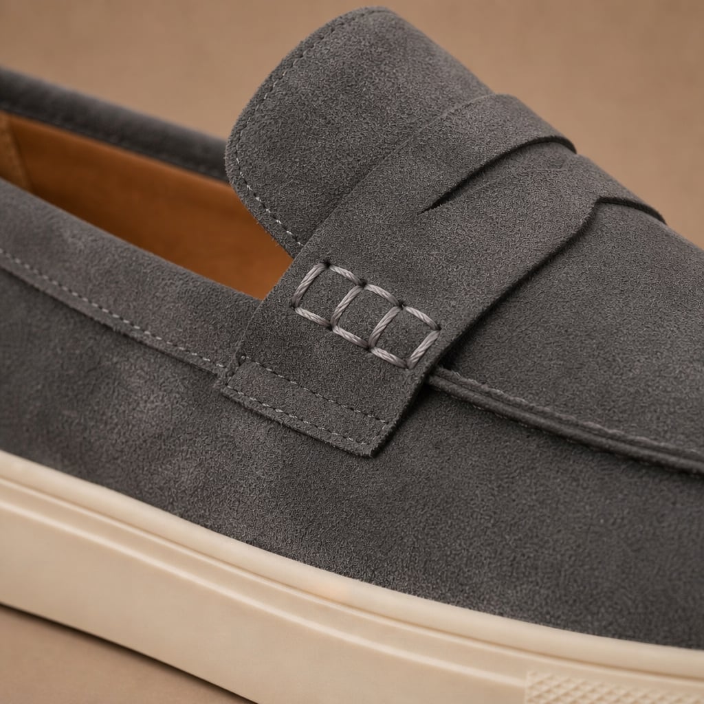 Relvane | Penny Loafers Suede-Look Slip-On Gray – Fabric and Detail Close-Up