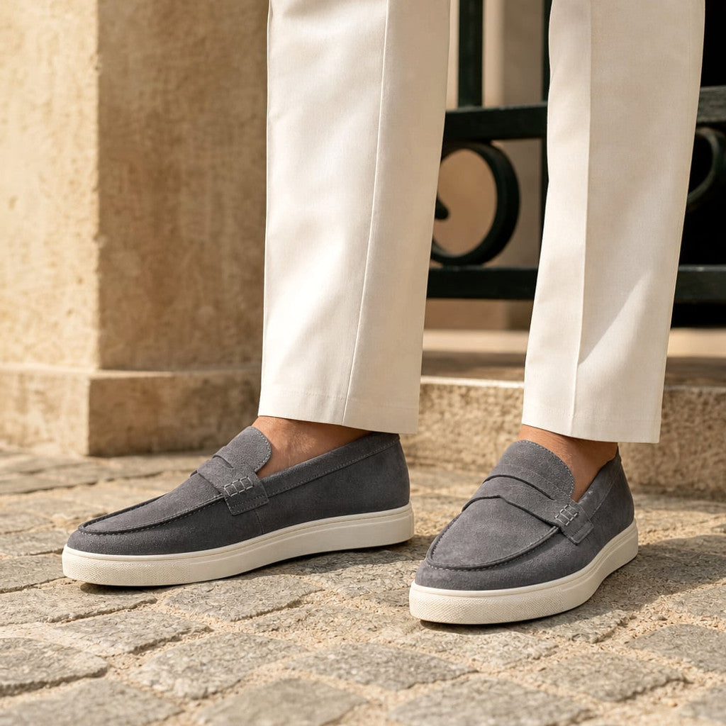 Relvane | Penny Loafers Suede-Look Slip-On Gray – Full Look