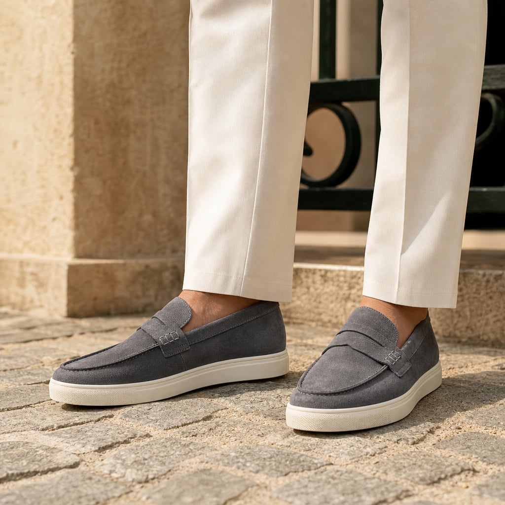 Relvane | Penny Loafers Suede-Look Slip-On Gray – Full Look
