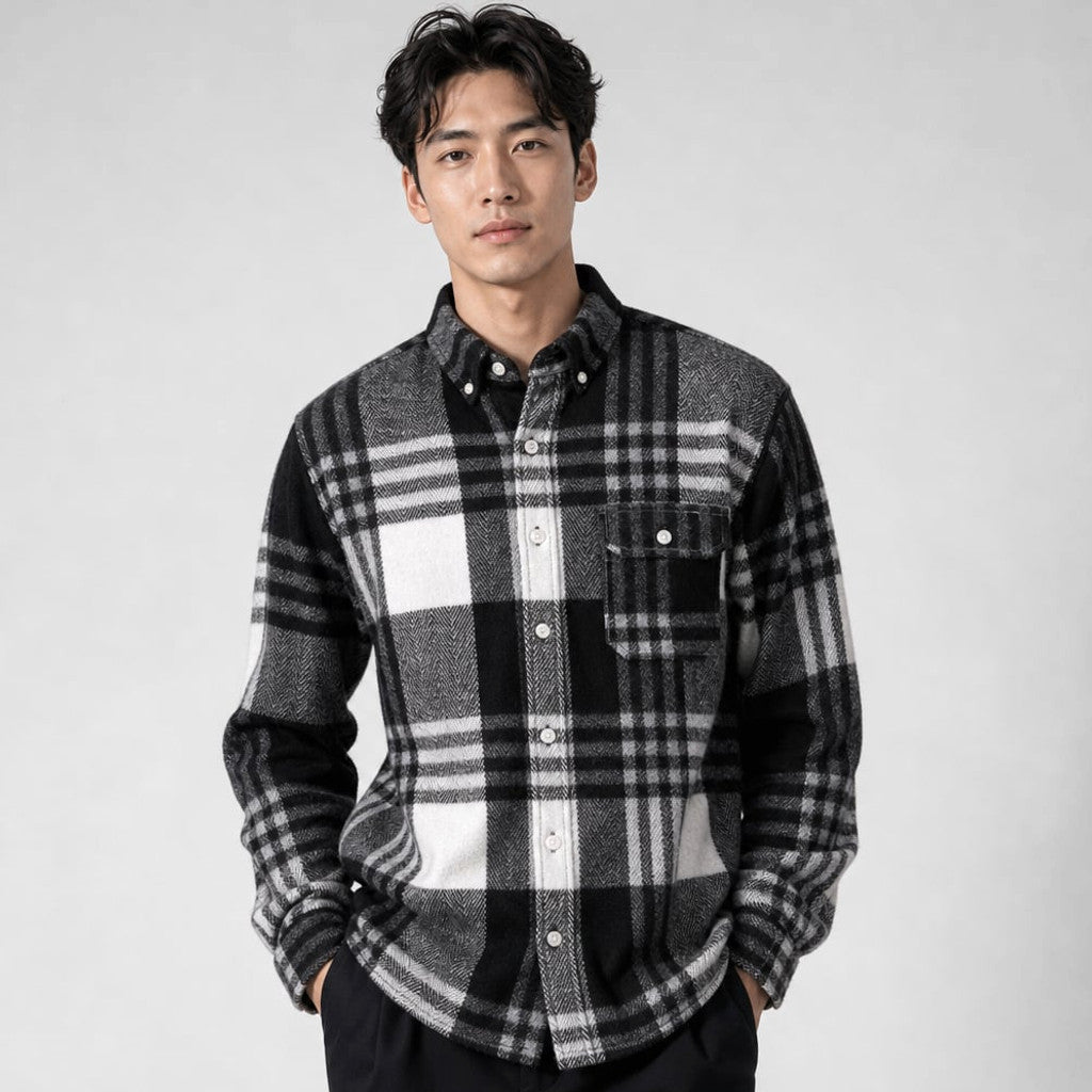 Relveck | Flannel Shirt Brushed Cotton Button-Down Tailored Fit Black – Product Photo