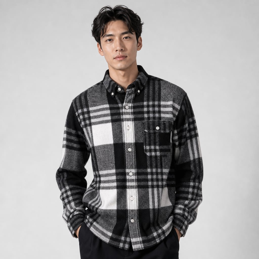 Relveck | Flannel Shirt Brushed Cotton Button-Down Tailored Fit Black – Product Photo