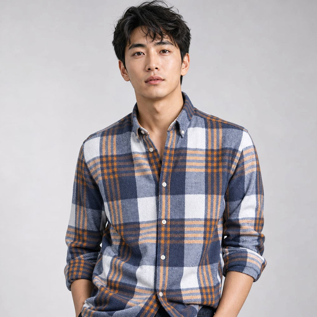 Relveck | Flannel Shirt Brushed Cotton Button-Down Tailored Fit Blue – Product Photo