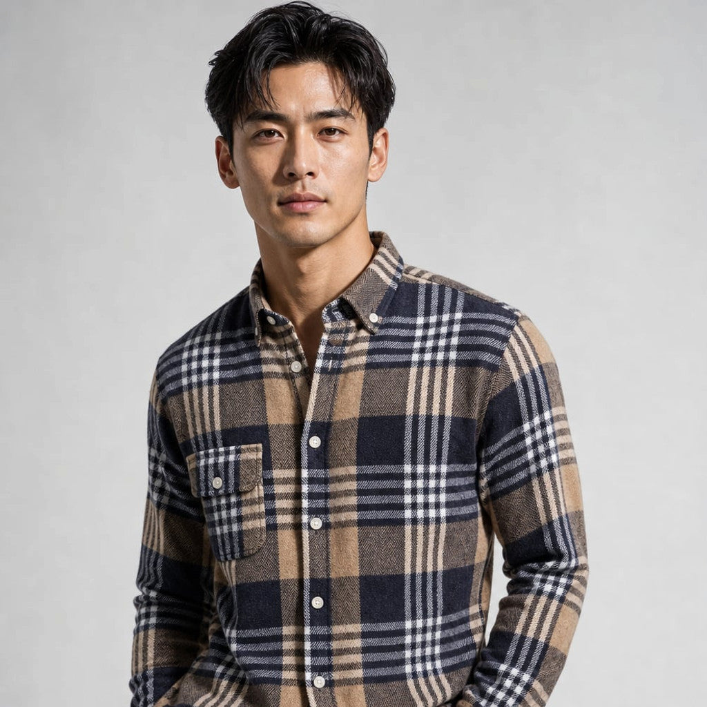 Relveck | Flannel Shirt Brushed Cotton Button-Down Tailored Fit Brown – Product Photo