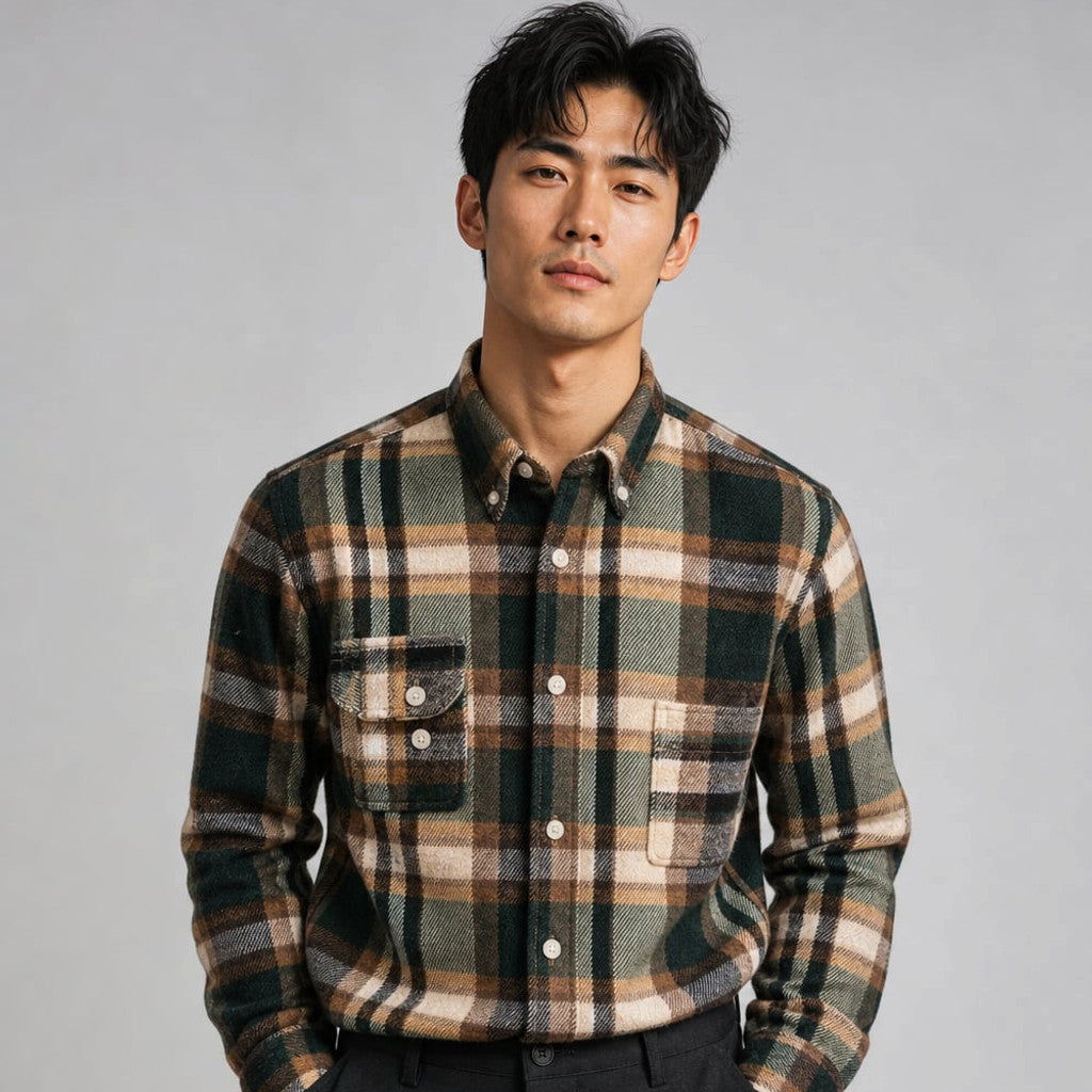 Relveck | Flannel Shirt Brushed Cotton Button-Down Tailored Fit Green – Product Photo